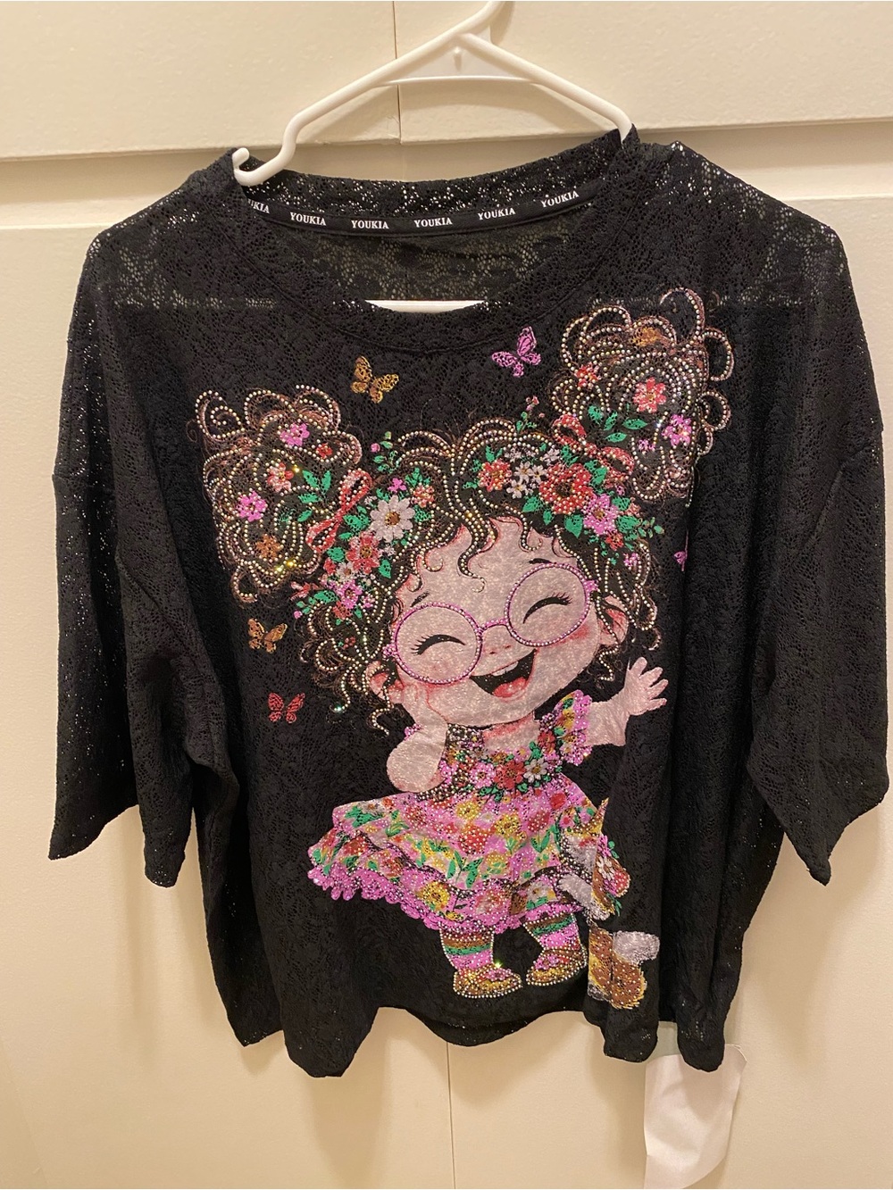 Black Short Sleeve Tee with Floral Character Print